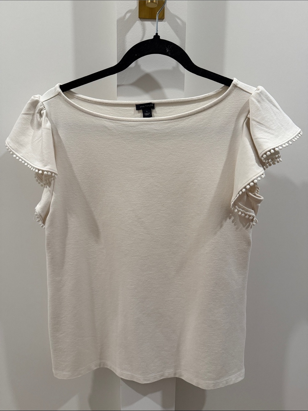 Ann Taylor Cream Pom-Pom Ruffle Tee